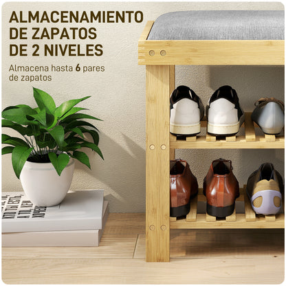Bamboo Shoe Bench Shoe Rack with Padded Seat 2 Shelves for 6 Pairs of Shoes for Entryway Bedroom 60x29x49 cm Natural and Gray
