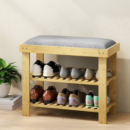 Bamboo Shoe Bench Shoe Rack with Padded Seat 2 Shelves for 6 Pairs of Shoes for Entryway Bedroom 60x29x49 cm Natural and Gray