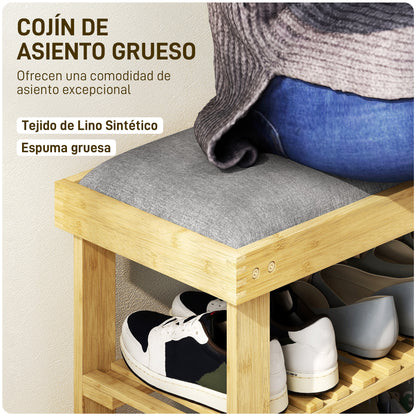 Bamboo Shoe Bench Shoe Rack with Padded Seat 2 Shelves for 6 Pairs of Shoes for Entryway Bedroom 60x29x49 cm Natural and Gray