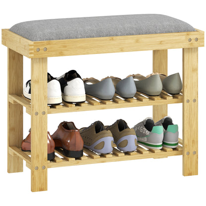 Bamboo Shoe Bench Shoe Rack with Padded Seat 2 Shelves for 6 Pairs of Shoes for Entryway Bedroom 60x29x49 cm Natural and Gray