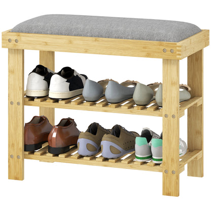 Bamboo Shoe Bench Shoe Rack with Padded Seat 2 Shelves for 6 Pairs of Shoes for Entryway Bedroom 60x29x49 cm Natural and Gray