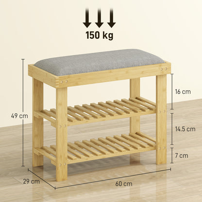 Bamboo Shoe Bench Shoe Rack with Padded Seat 2 Shelves for 6 Pairs of Shoes for Entryway Bedroom 60x29x49 cm Natural and Gray