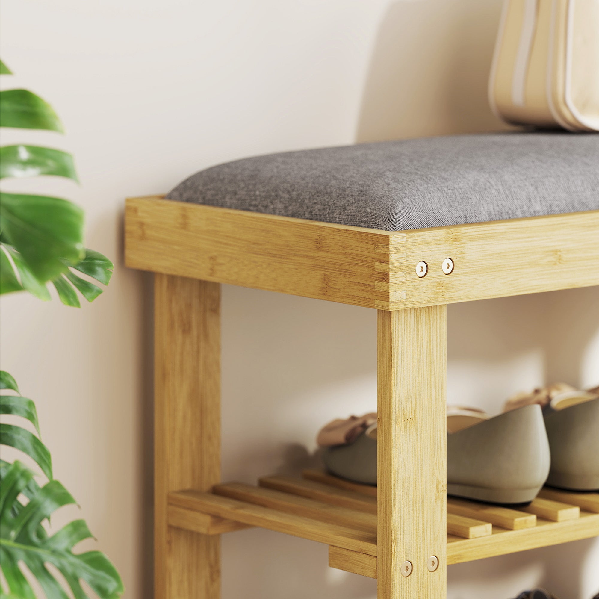 Bamboo Shoe Bench Shoe Rack with Padded Seat 2 Shelves for 6 Pairs of Shoes for Entryway Bedroom 60x29x49 cm Natural and Gray