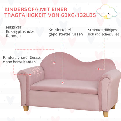 Children's Sofa Children's Couch with Storage Space, Play Sofa for Children, Two-Seater for Children 3-5 Years, 2-Seater Children's Furniture made of Dutch Fleece, Pink, 84 x 41.5 x 48.5 cm