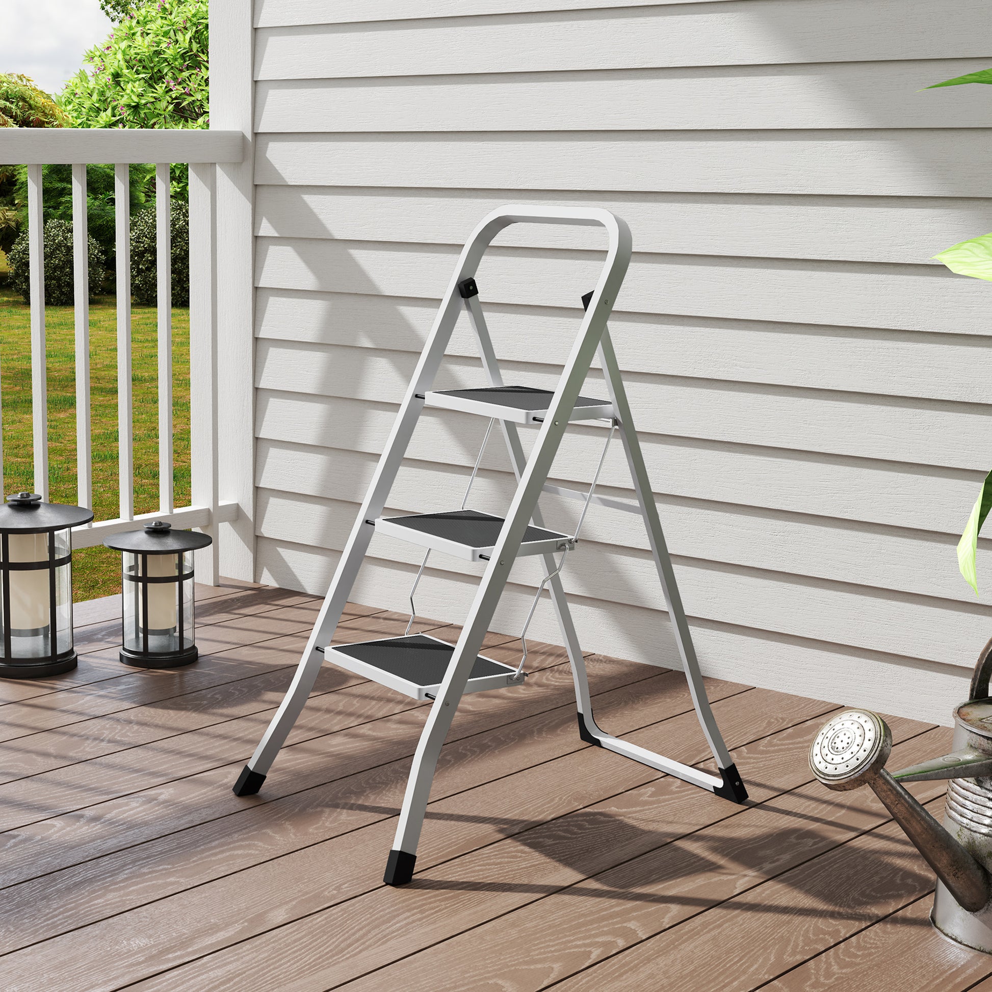 3-Step Folding Ladder Scissor Ladder Load up to 150 kg with Non-Slip Pedal Easy to Store and Transport for Home Kitchen Office White