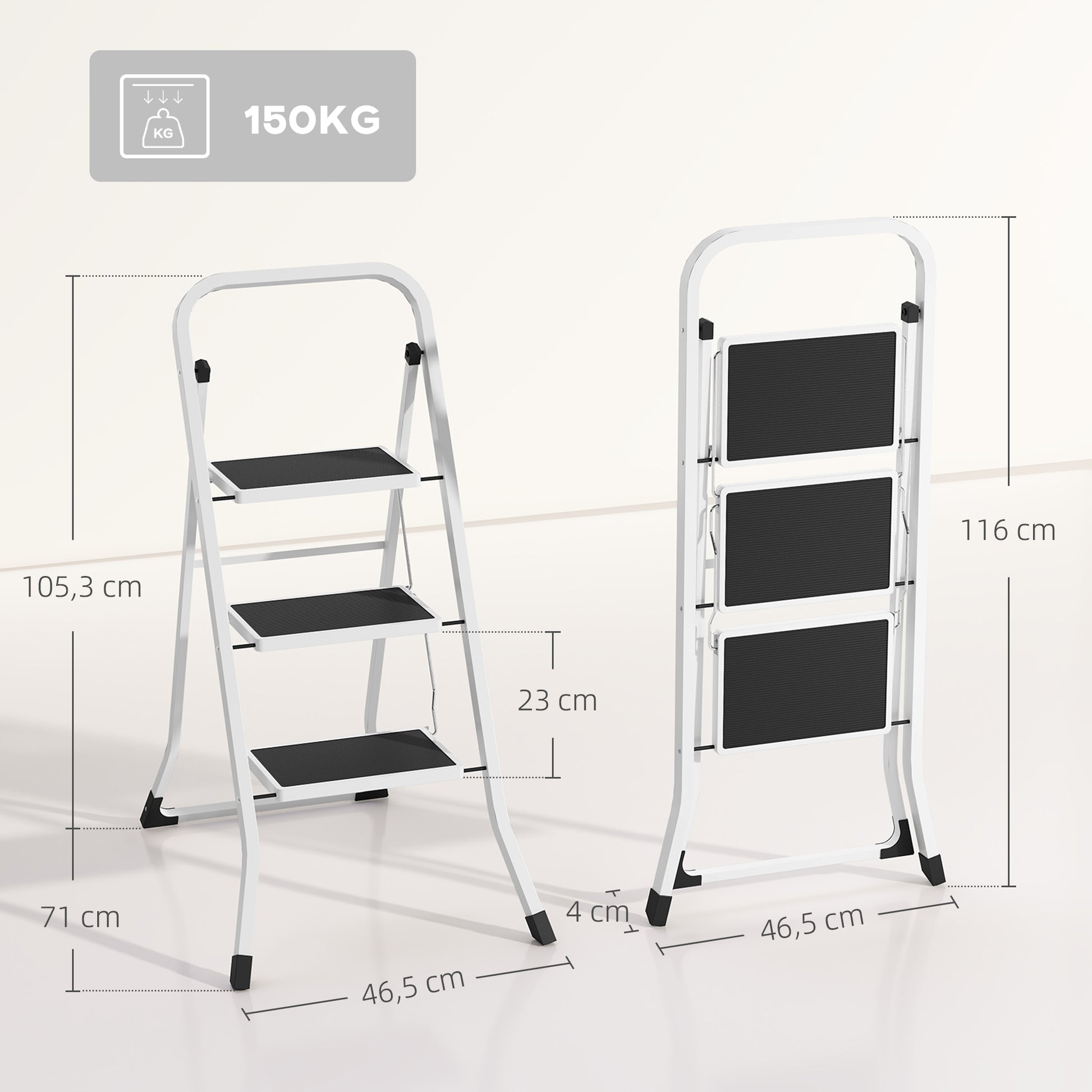 3-Step Folding Ladder Scissor Ladder Load up to 150 kg with Non-Slip Pedal Easy to Store and Transport for Home Kitchen Office White