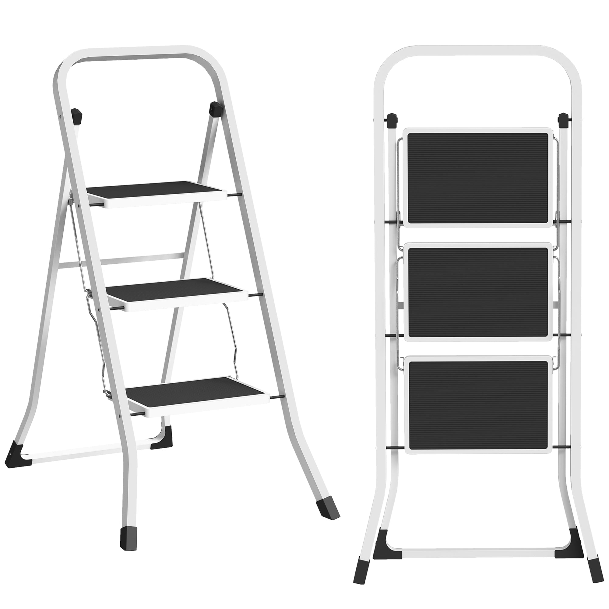 3-Step Folding Ladder Scissor Ladder Load up to 150 kg with Non-Slip Pedal Easy to Store and Transport for Home Kitchen Office White