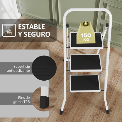 3-Step Folding Ladder Scissor Ladder Load up to 150 kg with Non-Slip Pedal Easy to Store and Transport for Home Kitchen Office White