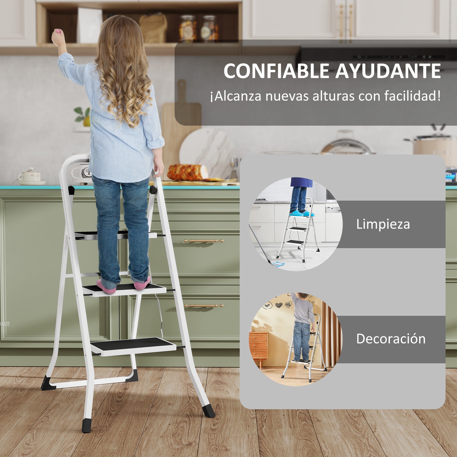 3-Step Folding Ladder Scissor Ladder Load up to 150 kg with Non-Slip Pedal Easy to Store and Transport for Home Kitchen Office White
