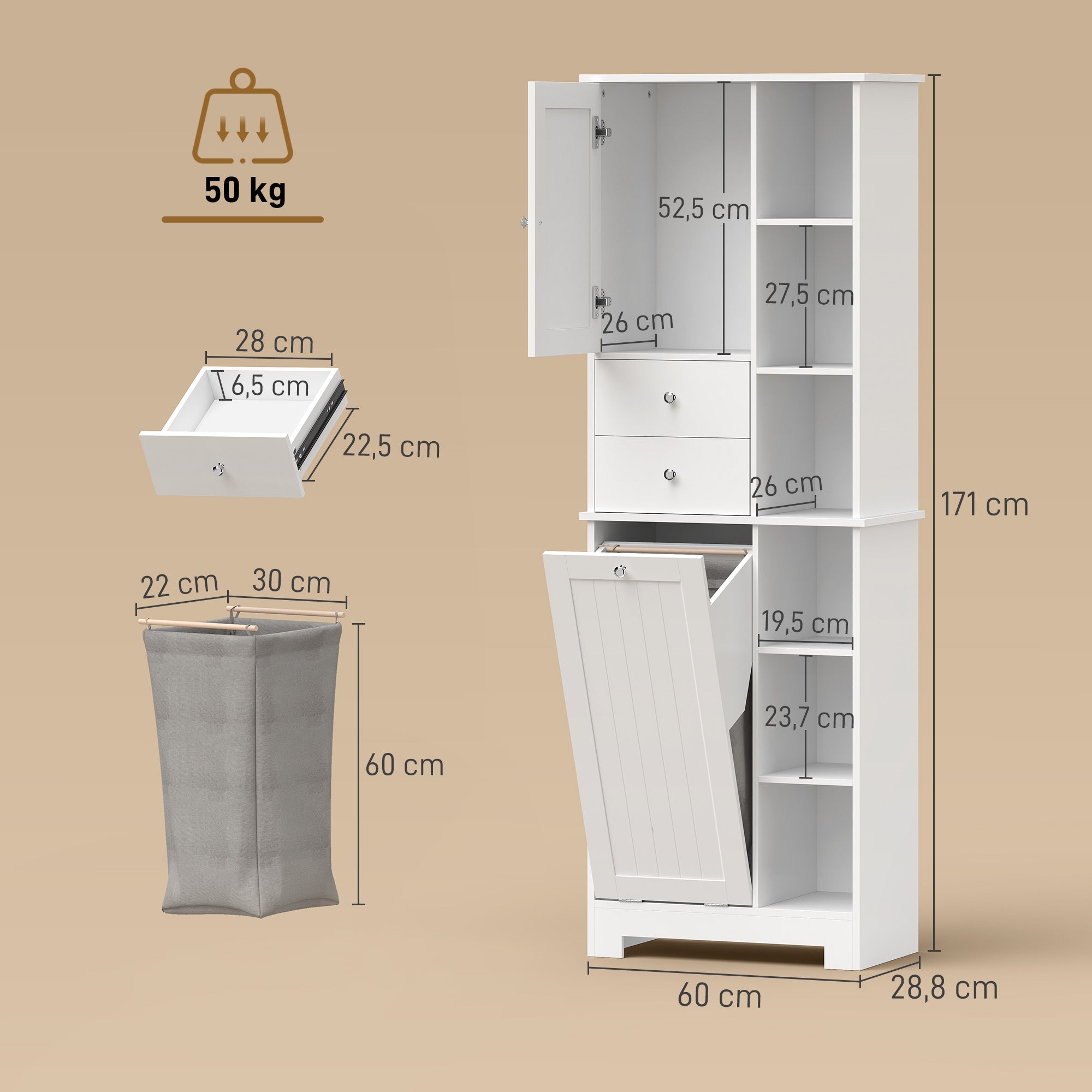 Narrow Bathroom Cabinet, Tall Storage with Pull-Out Laundry Basket, Open Shelf, 2 Drawers and Soft-Close Doors for Bathroom & Kitchen, White, 23.6 x 11.3 x 67.3 in (60 x 28.8 x 171 cm)