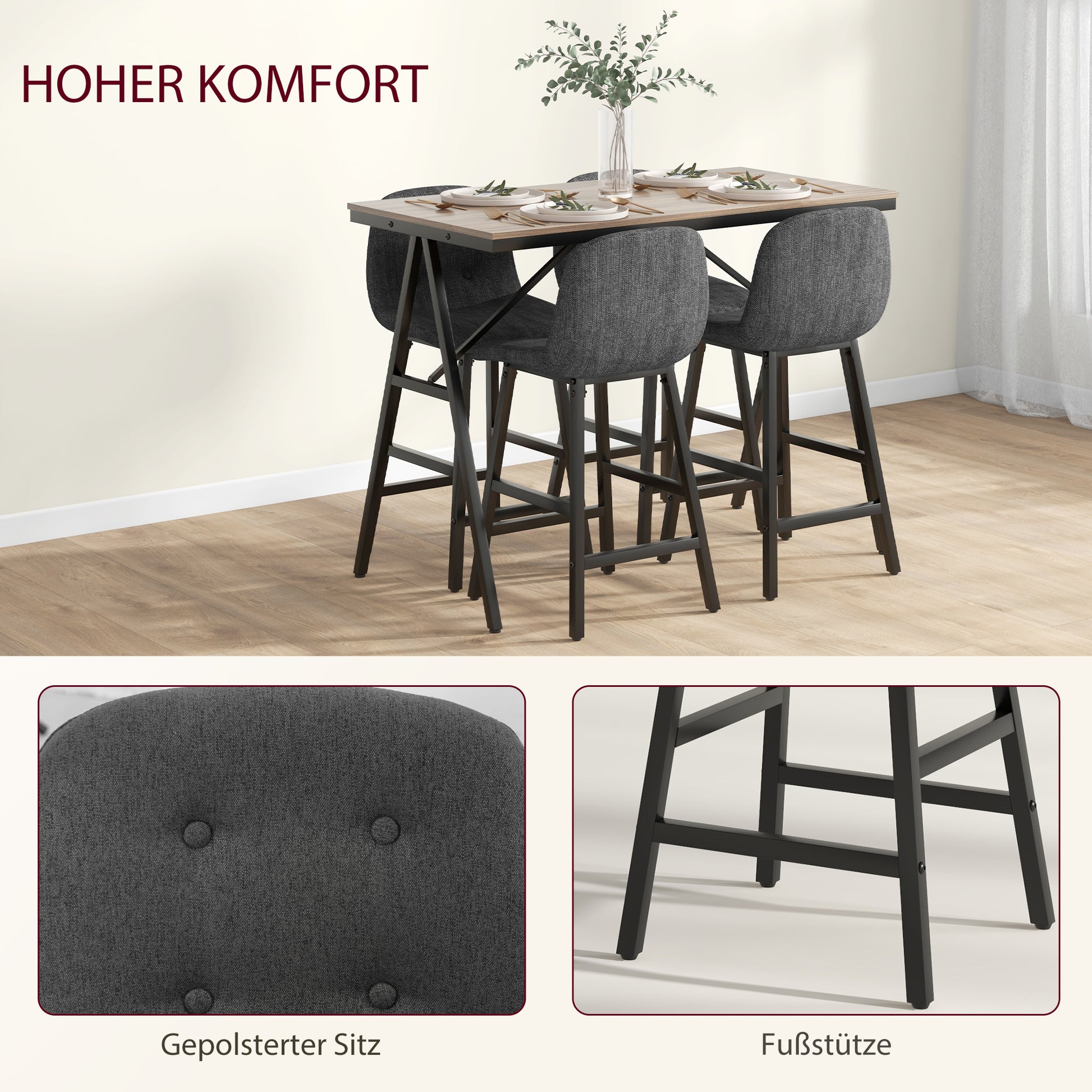 Bar Table with Bar Stool Set, 5-Piece Dining Group, Kitchen Table, Bistro Table with 4 Chairs, Bar Table Set for Kitchen, Living Room, Steel, Dark Gray, 120 x 60 x 91 cm