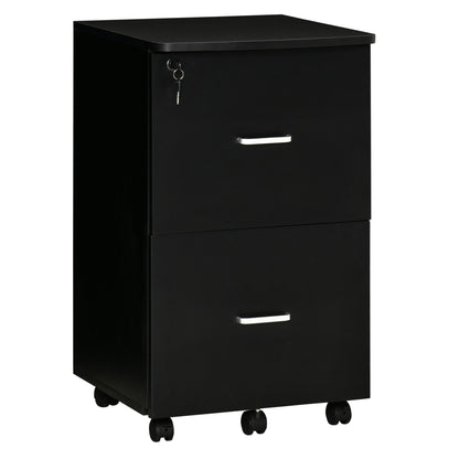 Office and Study Cabinet with 2 Lockable Drawers, Office Pedestal with 5 Wheels and Desktop, MDF and Particleboard Filing Cabinet, 43x45x72cm, Black