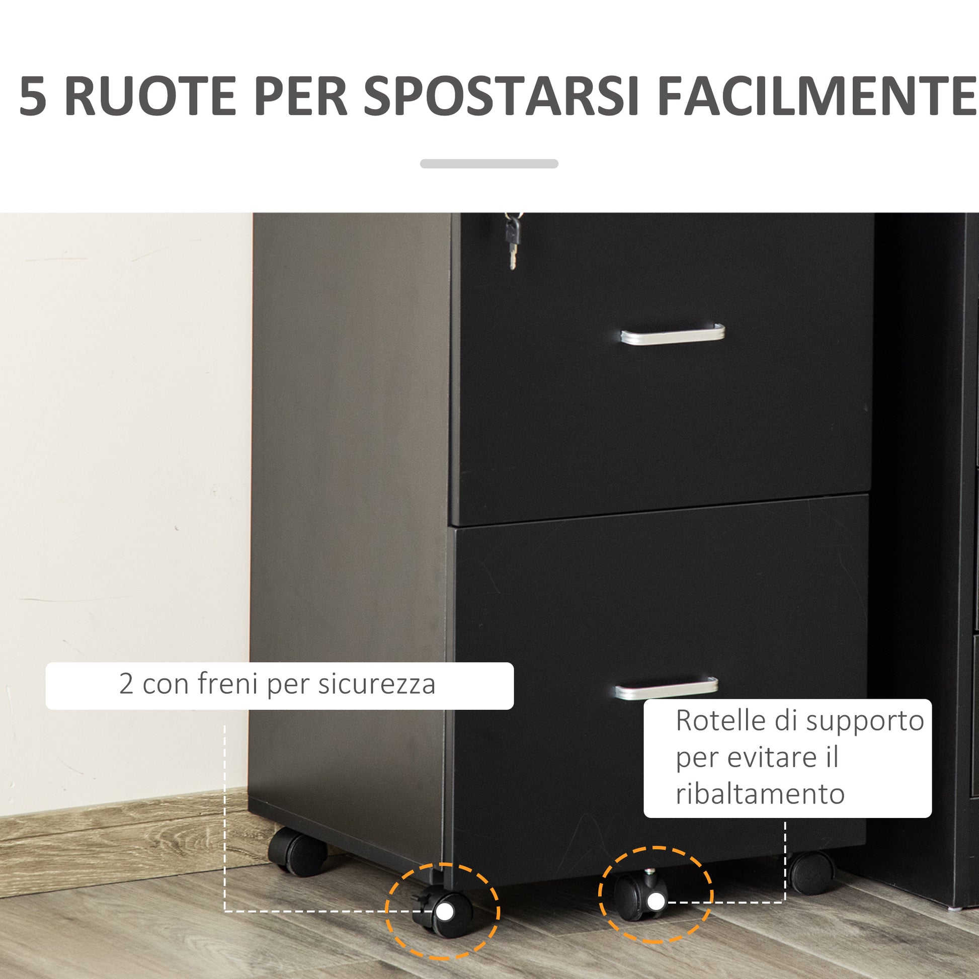 Office and Study Cabinet with 2 Lockable Drawers, Office Pedestal with 5 Wheels and Desktop, MDF and Particleboard Filing Cabinet, 43x45x72cm, Black