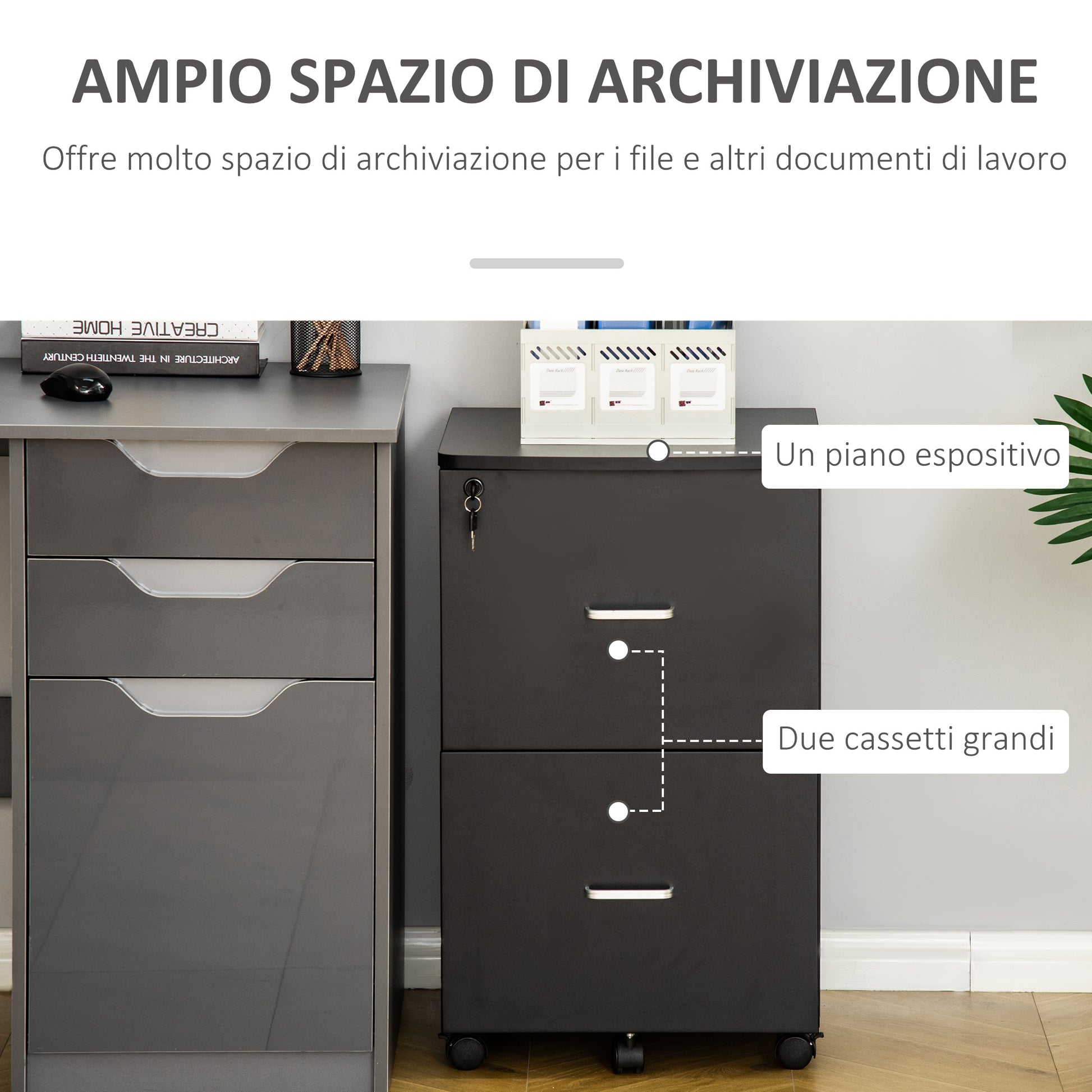 Office and Study Cabinet with 2 Lockable Drawers, Office Pedestal with 5 Wheels and Desktop, MDF and Particleboard Filing Cabinet, 43x45x72cm, Black