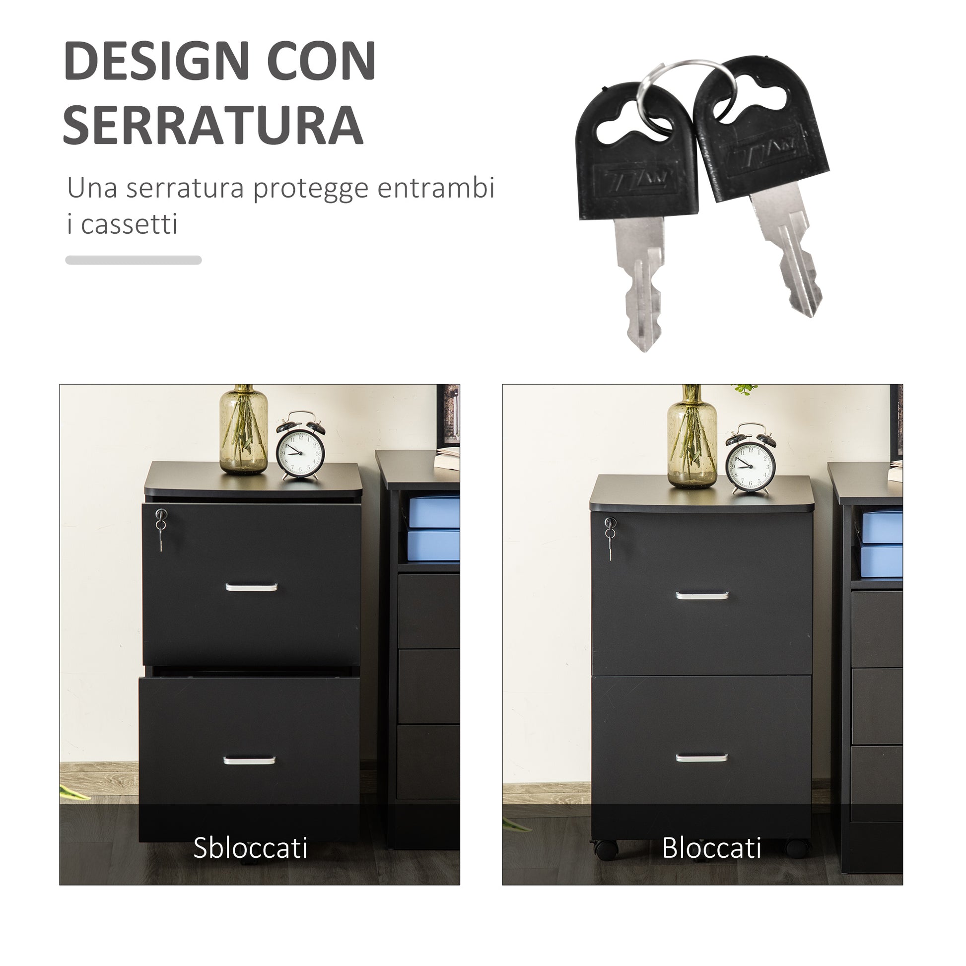 Office and Study Cabinet with 2 Lockable Drawers, Office Pedestal with 5 Wheels and Desktop, MDF and Particleboard Filing Cabinet, 43x45x72cm, Black