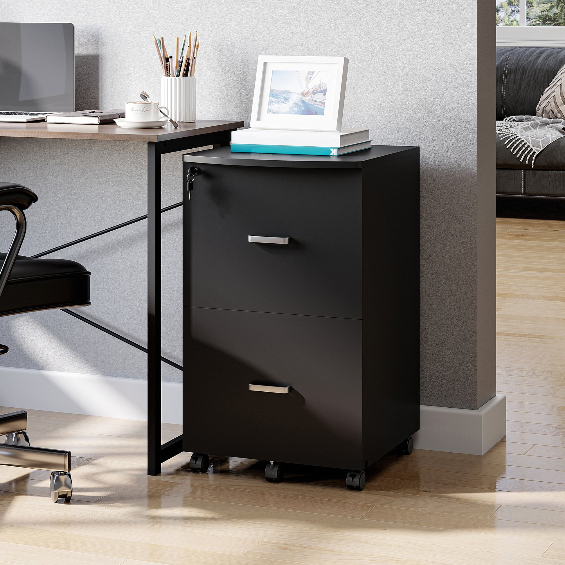 Office and Study Cabinet with 2 Lockable Drawers, Office Pedestal with 5 Wheels and Desktop, MDF and Particleboard Filing Cabinet, 43x45x72cm, Black