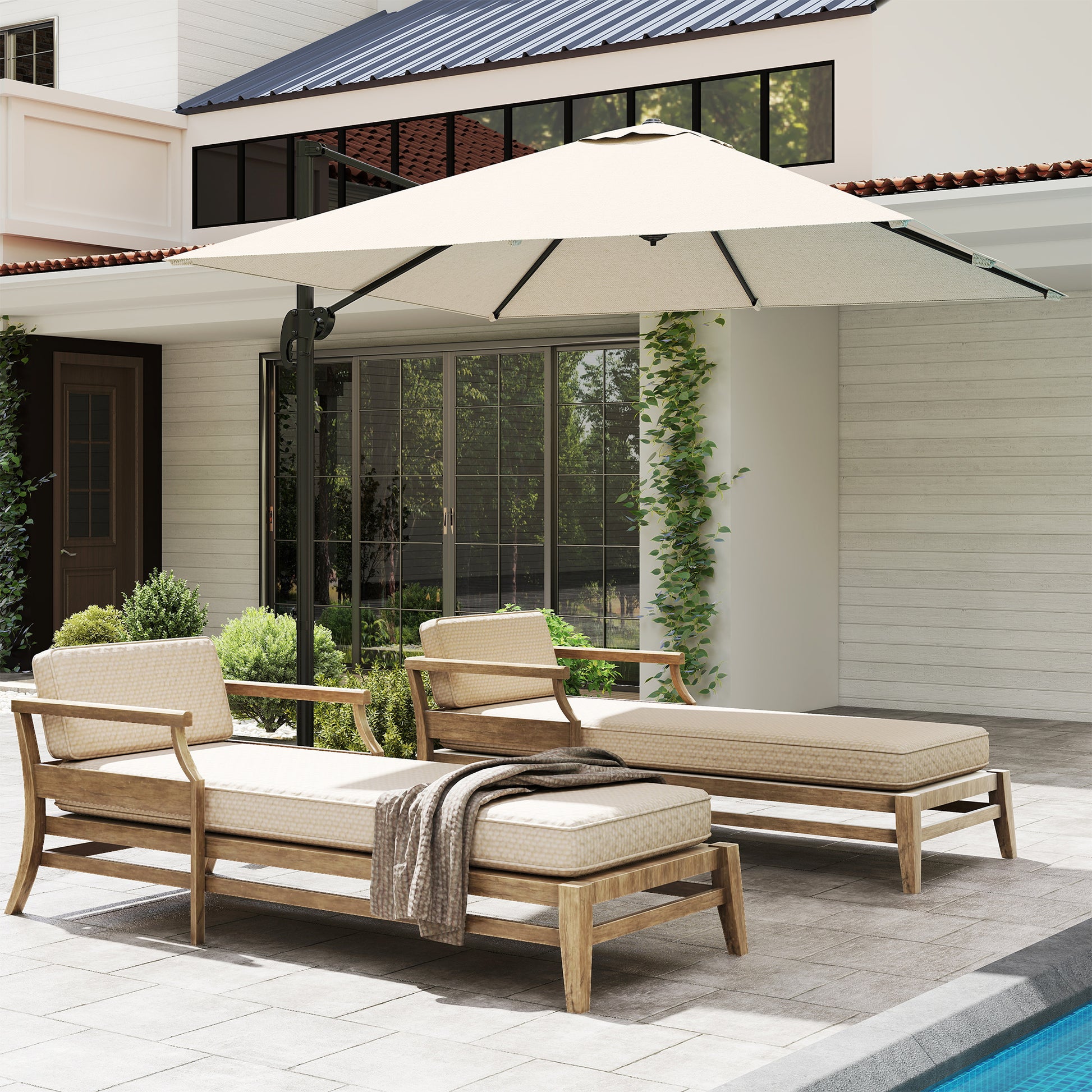 Aluminum Garden Umbrella 96.5x96.5x96.5 in Eccentric Parasol with 360° Rotating Crank 5-Level Tilt Removable Cream Fabric