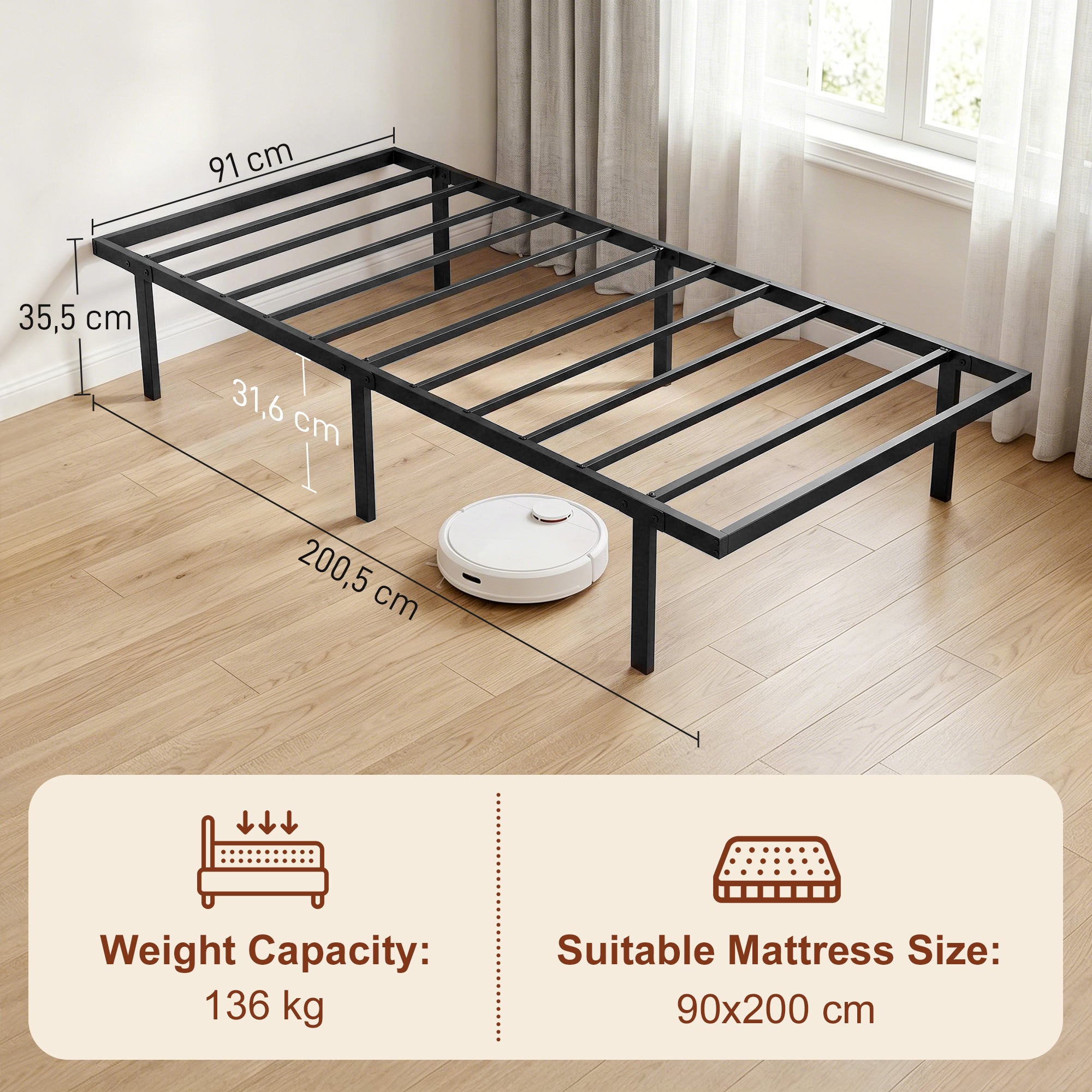 Metal Bed Frame with Under-Bed Storage, 14.0" Height, Quiet Design, No Slats Needed, Easy Assembly, 35.4 x 78.7 in (90 x 200 cm), Black