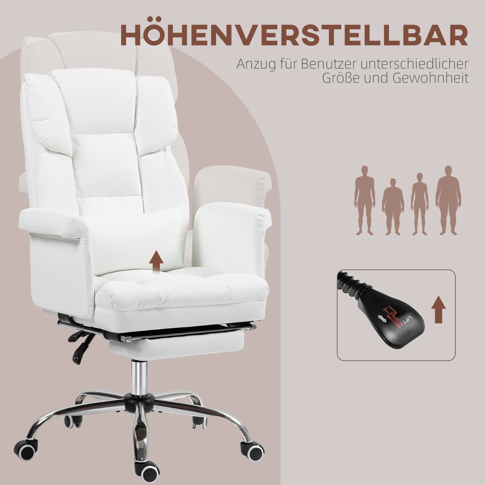 Office Chair, Ergonomic Desk Chair with Recline Function, Lumbar Pillow, Height Adjustable Computer Chair with Footrest, Swivel Function, for Home Office, Faux Leather, White