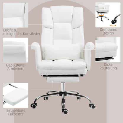 Office Chair, Ergonomic Desk Chair with Recline Function, Lumbar Pillow, Height Adjustable Computer Chair with Footrest, Swivel Function, for Home Office, Faux Leather, White