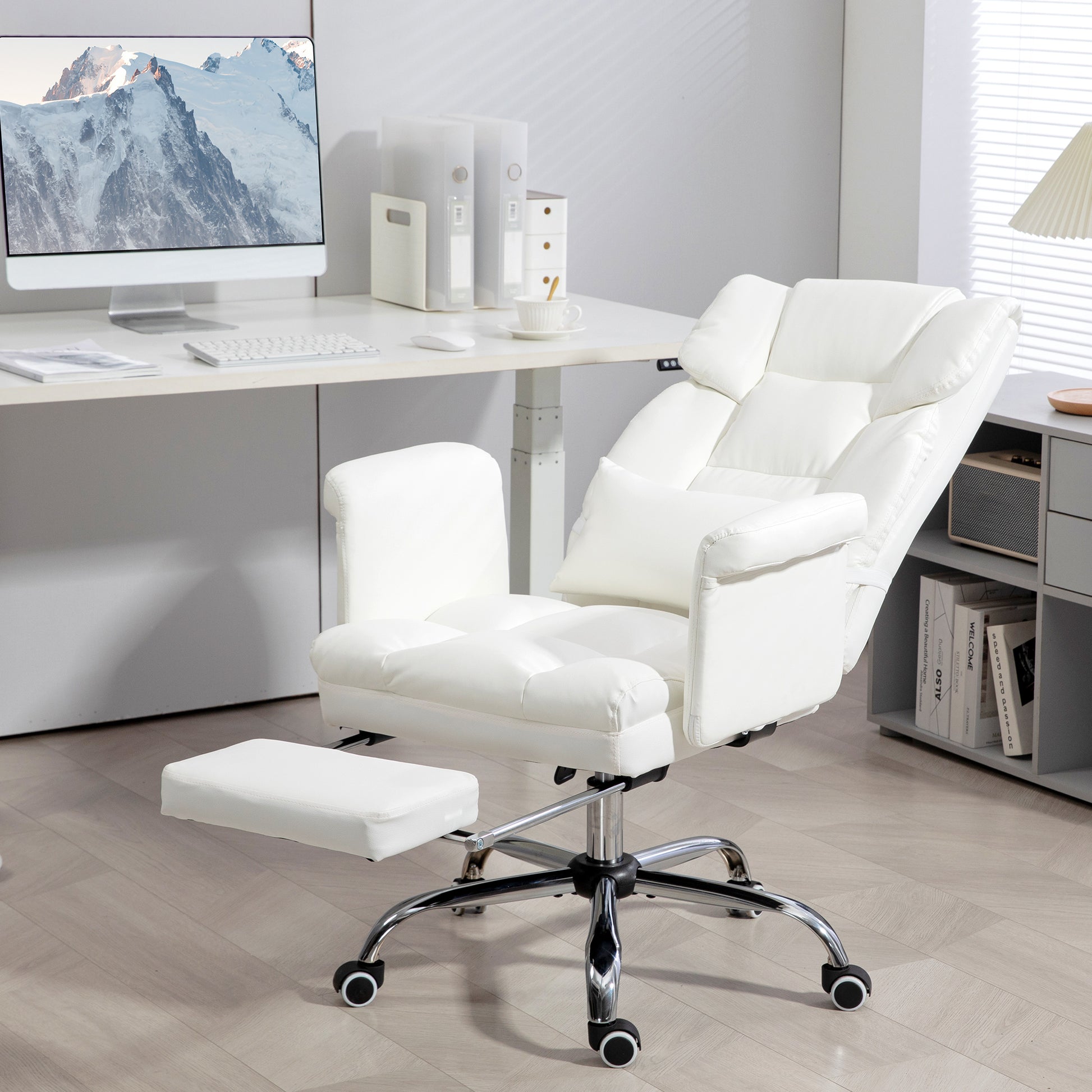 Office Chair, Ergonomic Desk Chair with Recline Function, Lumbar Pillow, Height Adjustable Computer Chair with Footrest, Swivel Function, for Home Office, Faux Leather, White