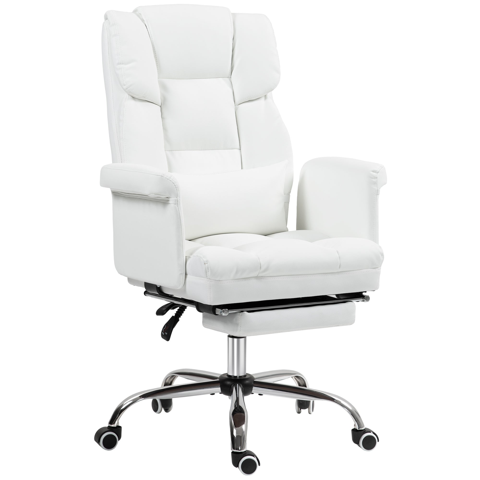 Office Chair, Ergonomic Desk Chair with Recline Function, Lumbar Pillow, Height Adjustable Computer Chair with Footrest, Swivel Function, for Home Office, Faux Leather, White