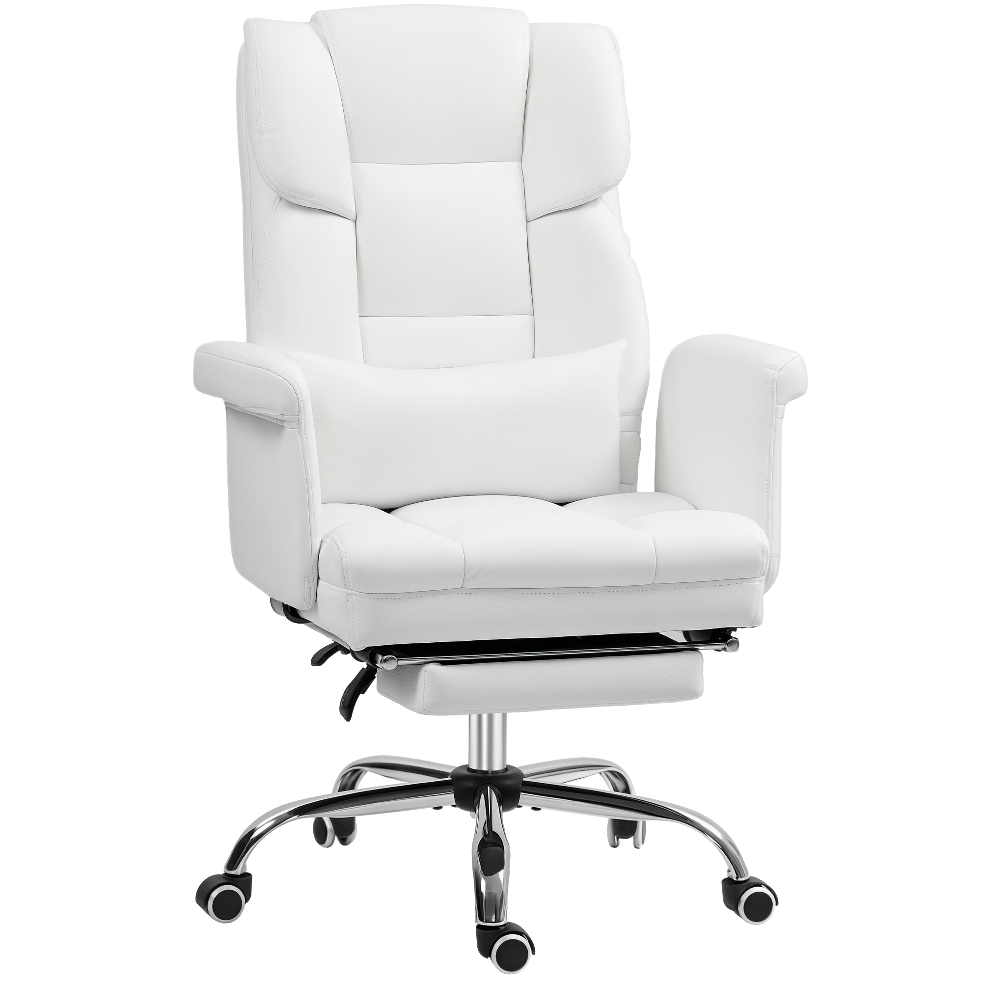 Office Chair, Ergonomic Desk Chair with Recline Function, Lumbar Pillow, Height Adjustable Computer Chair with Footrest, Swivel Function, for Home Office, Faux Leather, White