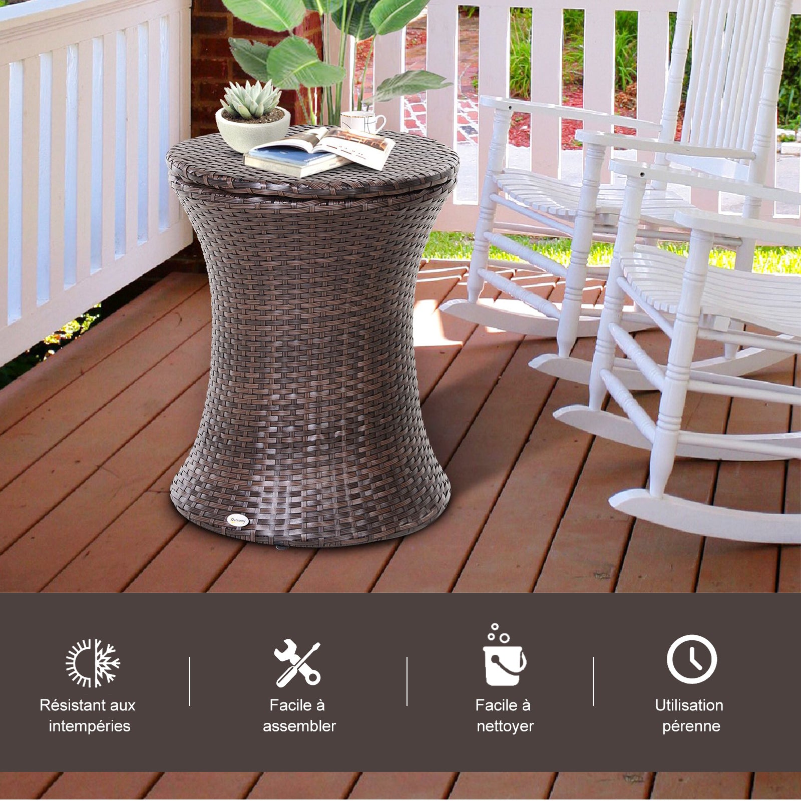 2-in-1 Ice Bucket Coffee Table Ø 48 x 83H cm Epoxy Metal Wicker Resin Rattan-like Brown