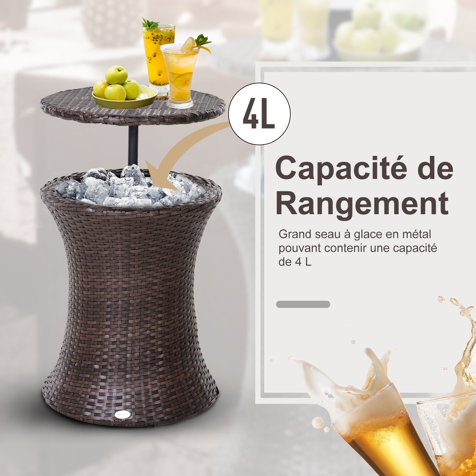 2-in-1 Ice Bucket Coffee Table Ø 48 x 83H cm Epoxy Metal Wicker Resin Rattan-like Brown