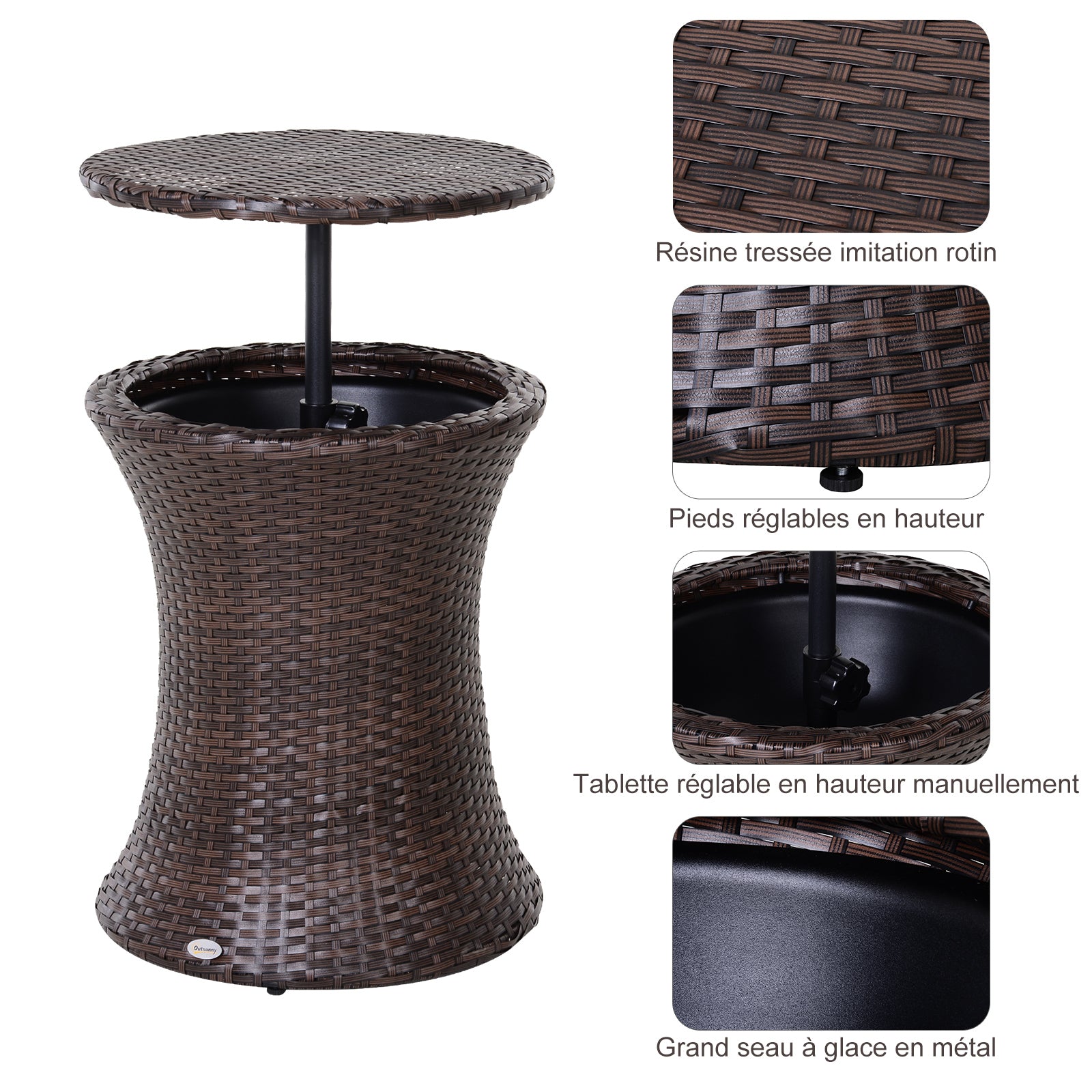 2-in-1 Ice Bucket Coffee Table Ø 48 x 83H cm Epoxy Metal Wicker Resin Rattan-like Brown