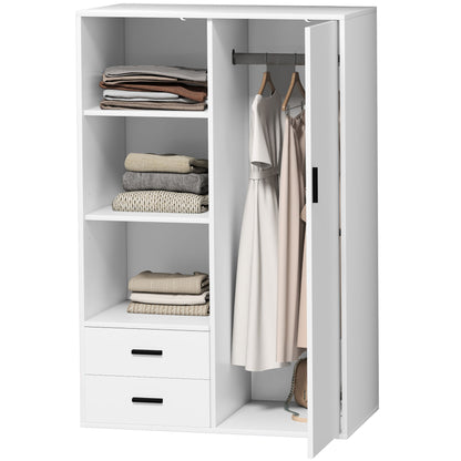 Modern Wardrobe with 2 Drawers, Adjustable Open Shelves, Hanging Rail Compartment, Wardrobe for Bedroom and Entryway, 80x50x124 cm, White