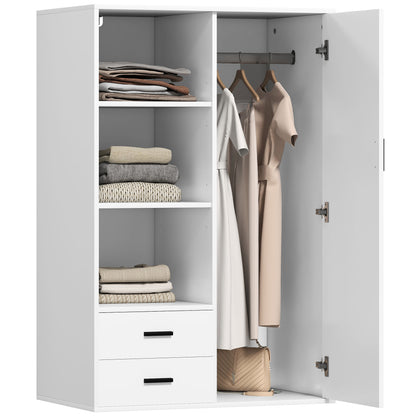 Modern Wardrobe with 2 Drawers, Adjustable Open Shelves, Hanging Rail Compartment, Wardrobe for Bedroom and Entryway, 80x50x124 cm, White