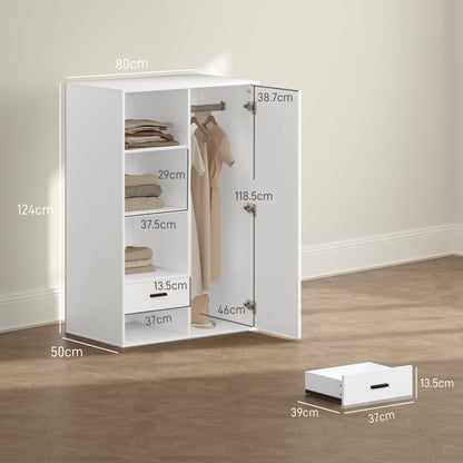 Modern Wardrobe with 2 Drawers, Adjustable Open Shelves, Hanging Rail Compartment, Wardrobe for Bedroom and Entryway, 80x50x124 cm, White