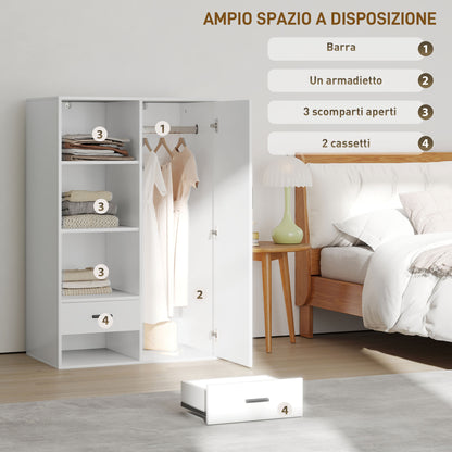 Modern Wardrobe with 2 Drawers, Adjustable Open Shelves, Hanging Rail Compartment, Wardrobe for Bedroom and Entryway, 80x50x124 cm, White