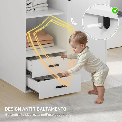 Modern Wardrobe with 2 Drawers, Adjustable Open Shelves, Hanging Rail Compartment, Wardrobe for Bedroom and Entryway, 80x50x124 cm, White