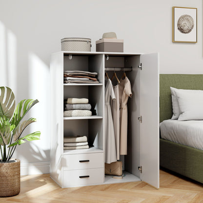 Modern Wardrobe with 2 Drawers, Adjustable Open Shelves, Hanging Rail Compartment, Wardrobe for Bedroom and Entryway, 80x50x124 cm, White