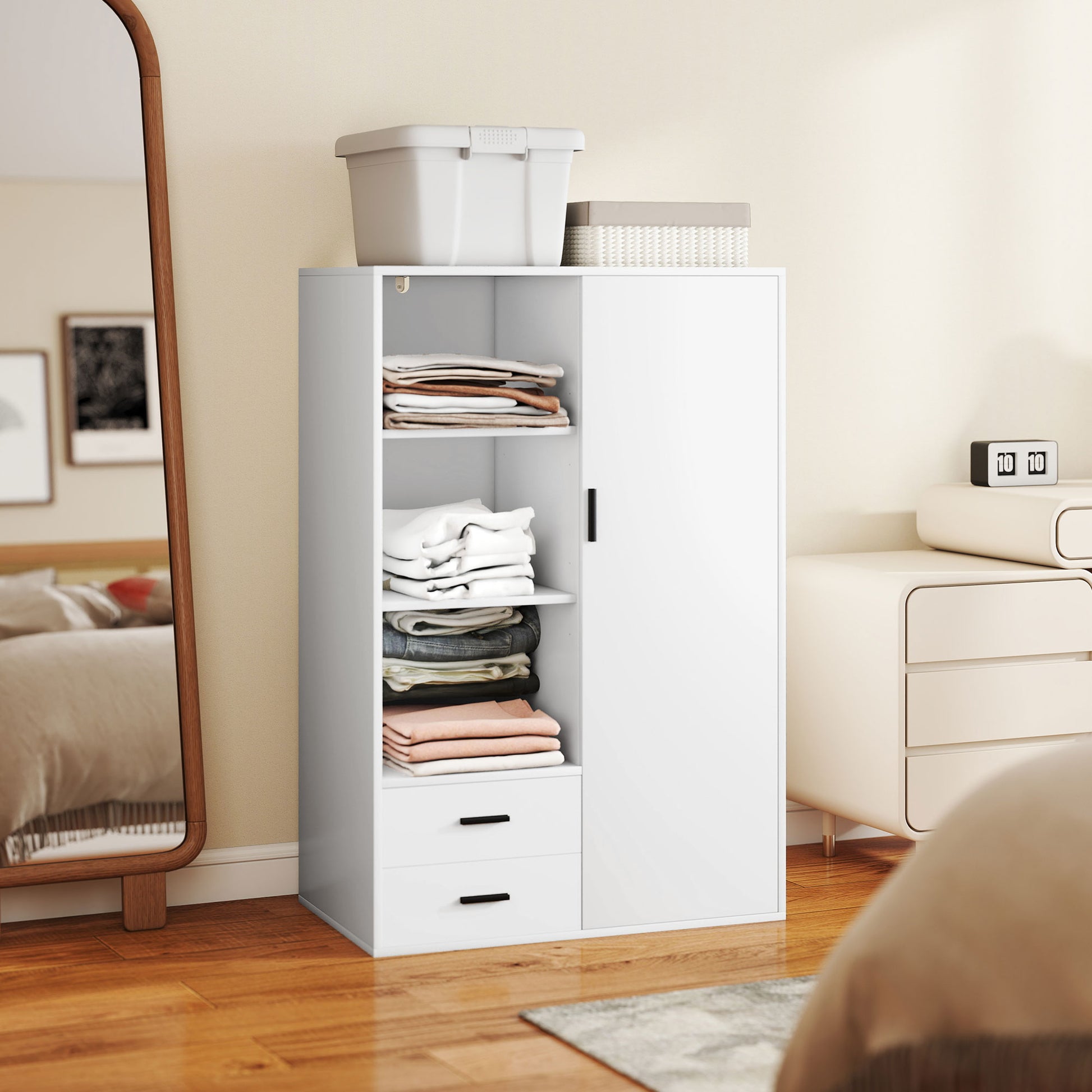 Modern Wardrobe with 2 Drawers, Adjustable Open Shelves, Hanging Rail Compartment, Wardrobe for Bedroom and Entryway, 80x50x124 cm, White
