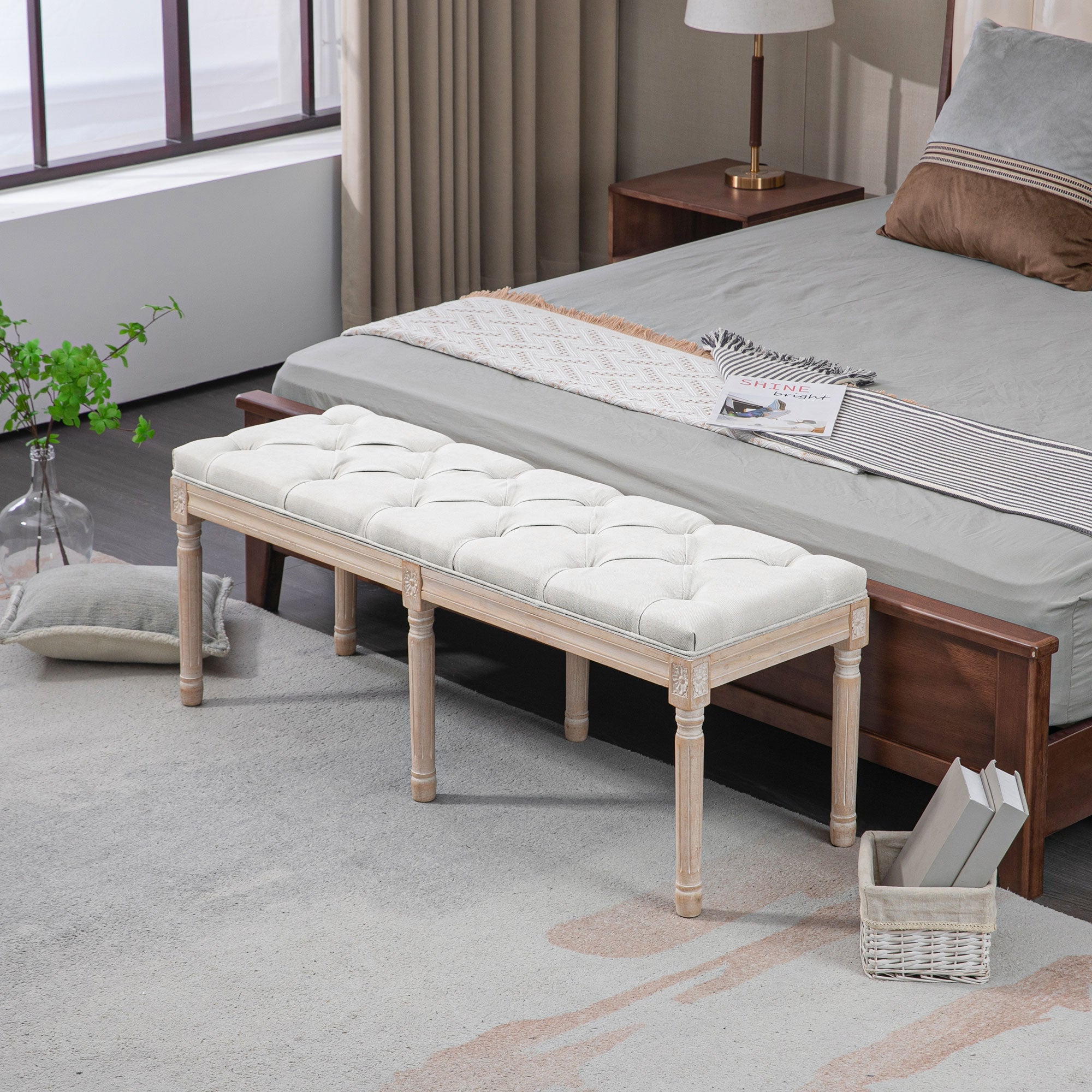 End-of-Bed Bench Upholstered Vintage French Style Thick Padding Linen-Look Fabric Solid Wood Legs Cream