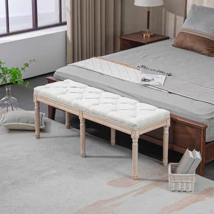 End-of-Bed Bench Upholstered Vintage French Style Thick Padding Linen-Look Fabric Solid Wood Legs Cream