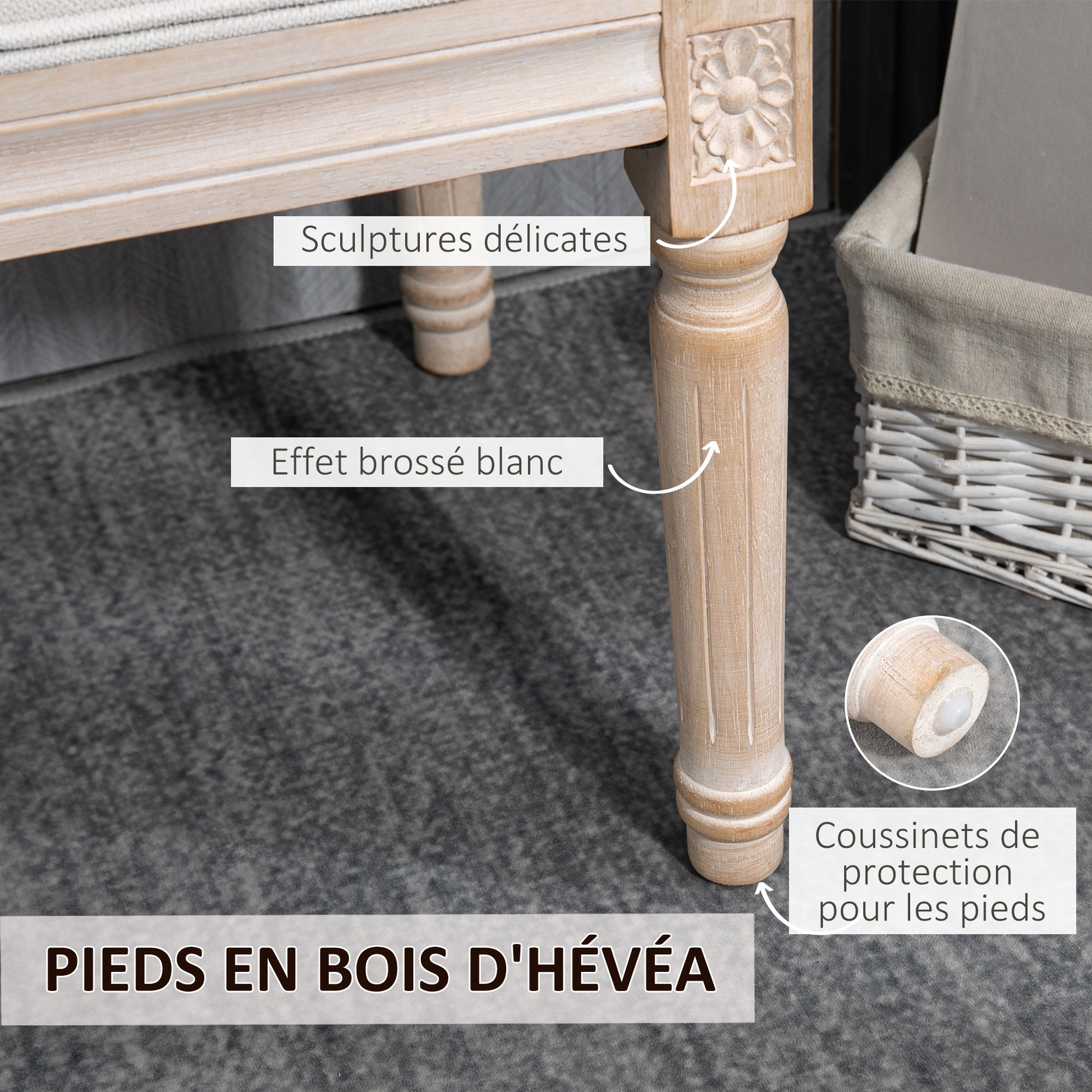 End-of-Bed Bench Upholstered Vintage French Style Thick Padding Linen-Look Fabric Solid Wood Legs Cream