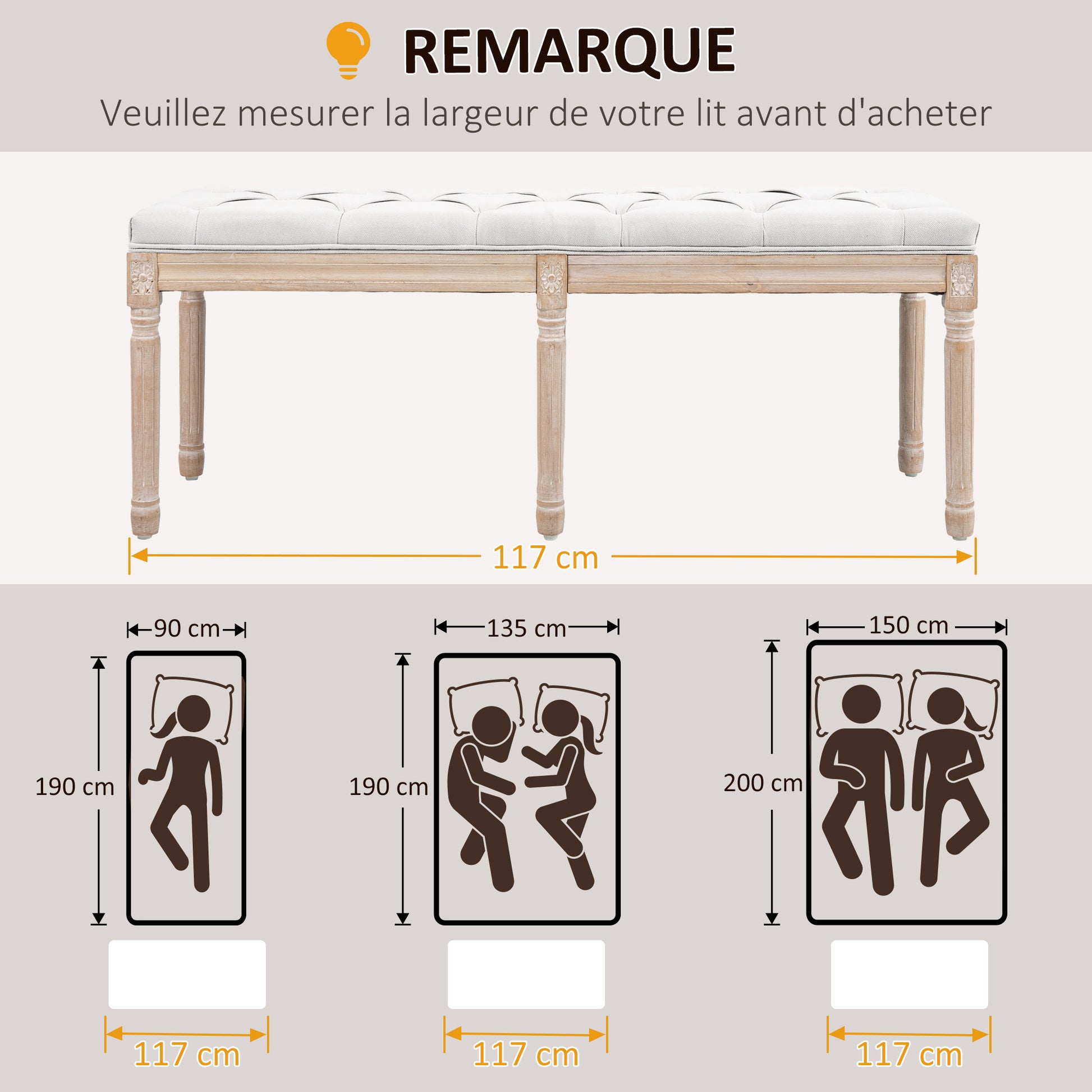 End-of-Bed Bench Upholstered Vintage French Style Thick Padding Linen-Look Fabric Solid Wood Legs Cream