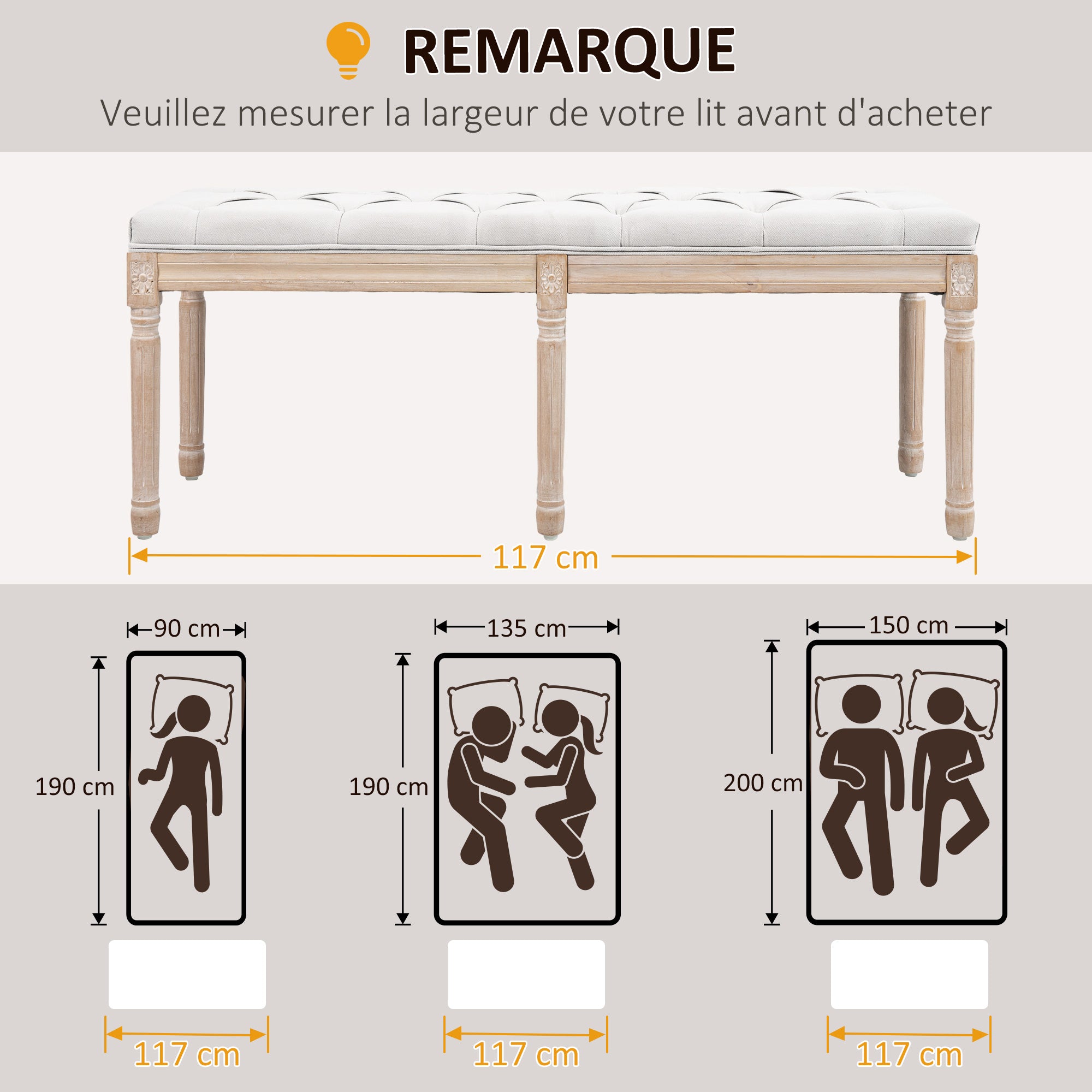 End-of-Bed Bench Upholstered Vintage French Style Thick Padding Linen-Look Fabric Solid Wood Legs Cream