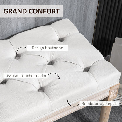 End-of-Bed Bench Upholstered Vintage French Style Thick Padding Linen-Look Fabric Solid Wood Legs Cream