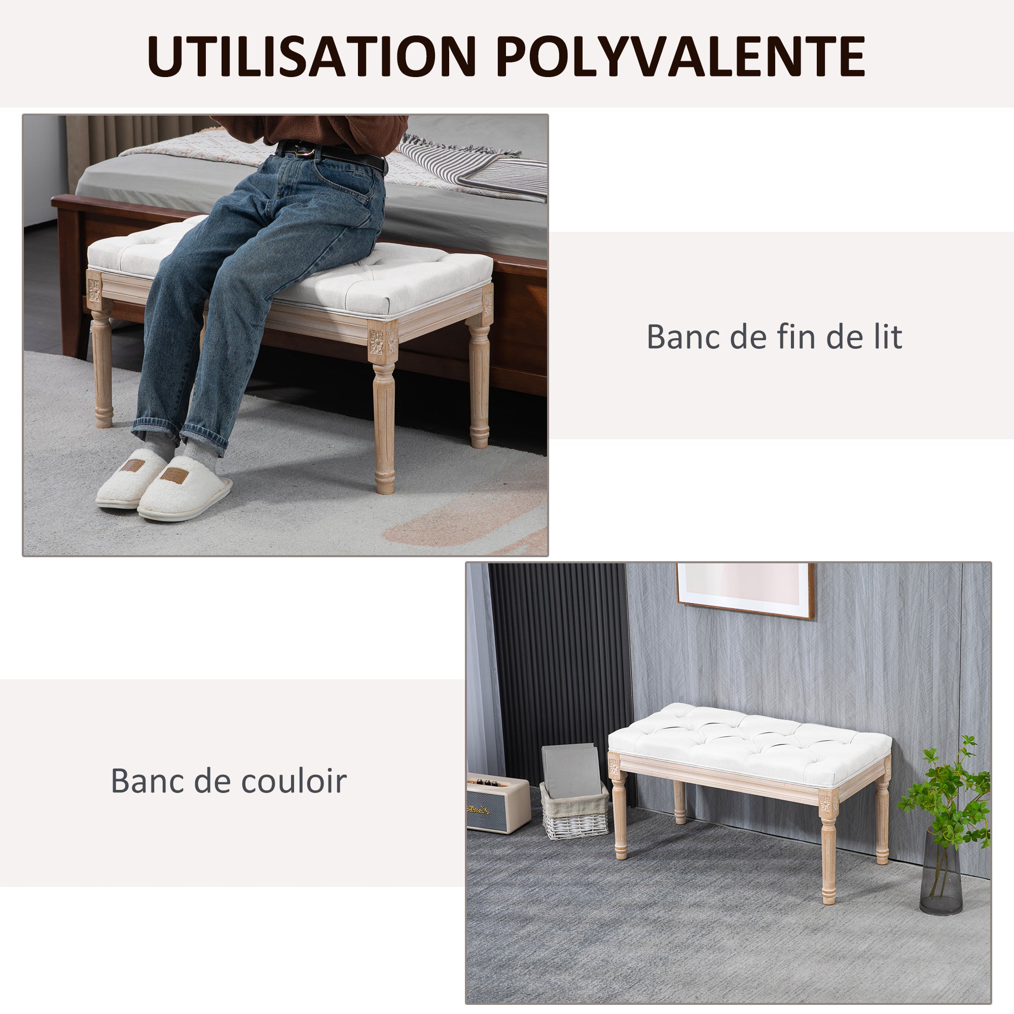 End-of-Bed Bench Upholstered Vintage French Style Thick Padding Linen-Look Fabric Solid Wood Legs Cream
