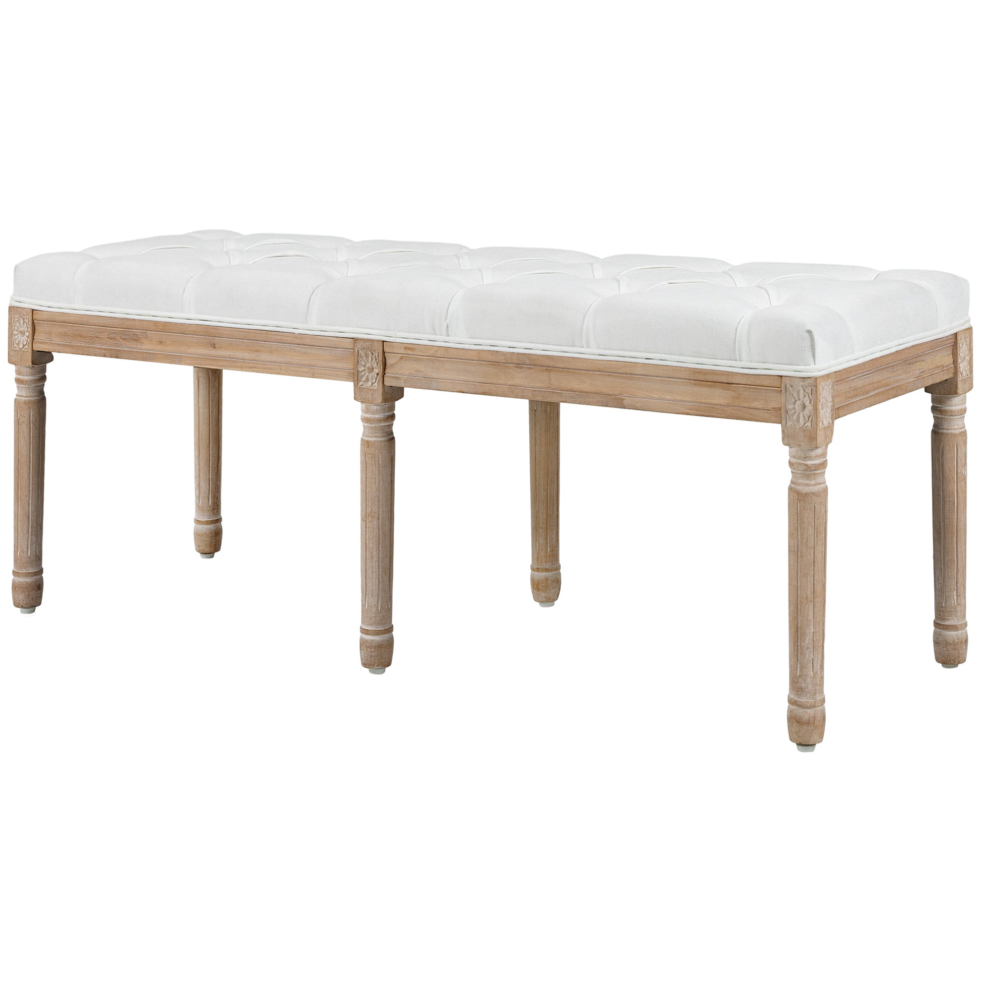 End-of-Bed Bench Upholstered Vintage French Style Thick Padding Linen-Look Fabric Solid Wood Legs Cream