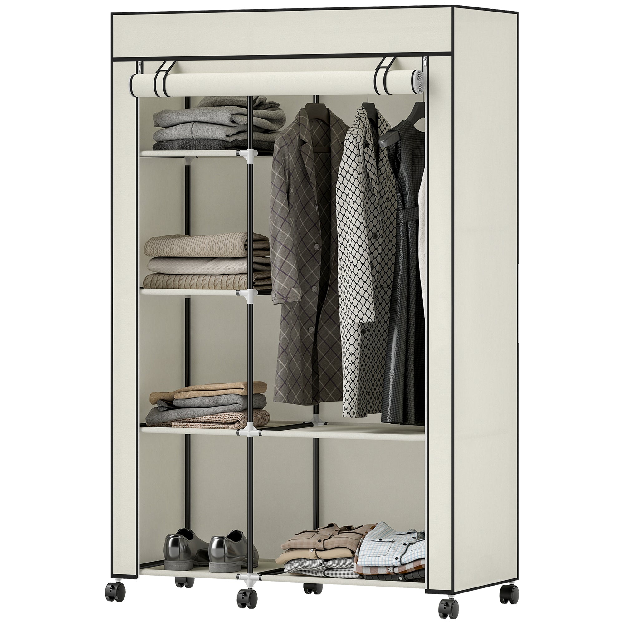 Fabric Wardrobe Organizer with Hanging Rail & Open Shelves, 40.6 x 16.9 x 64.0 in (103 x 43 x 162.5 cm) — Cream