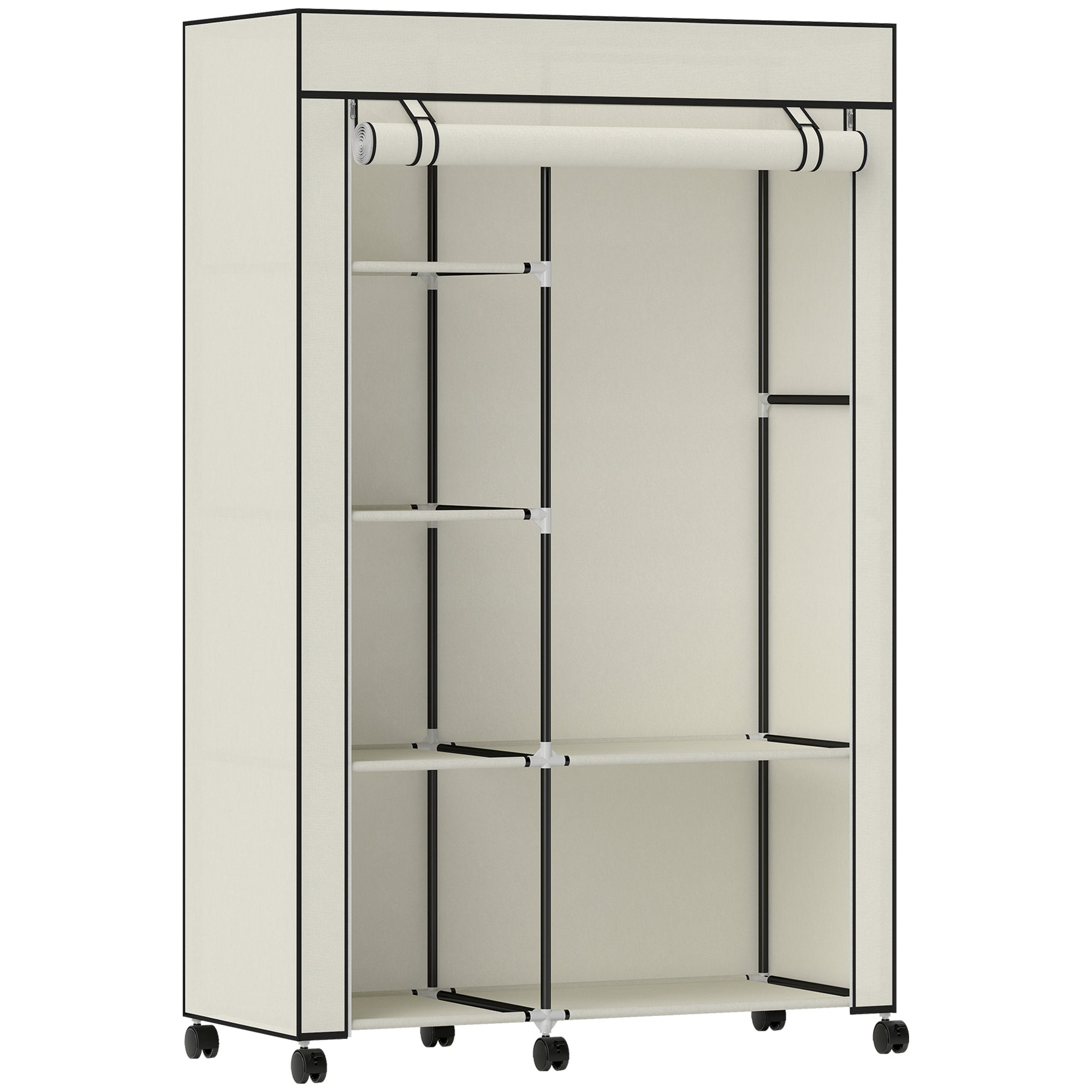 Fabric Wardrobe Organizer with Hanging Rail & Open Shelves, 40.6 x 16.9 x 64.0 in (103 x 43 x 162.5 cm) — Cream