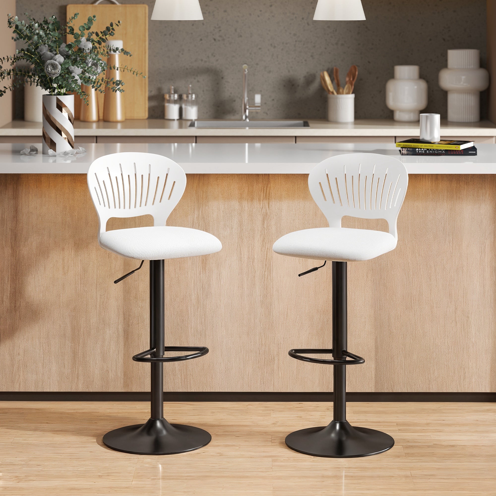 2-Pack Swivel Bar Stools — Height Adjustable Seat 23.4–31.7 in, Breathable Back & Footrest, White
