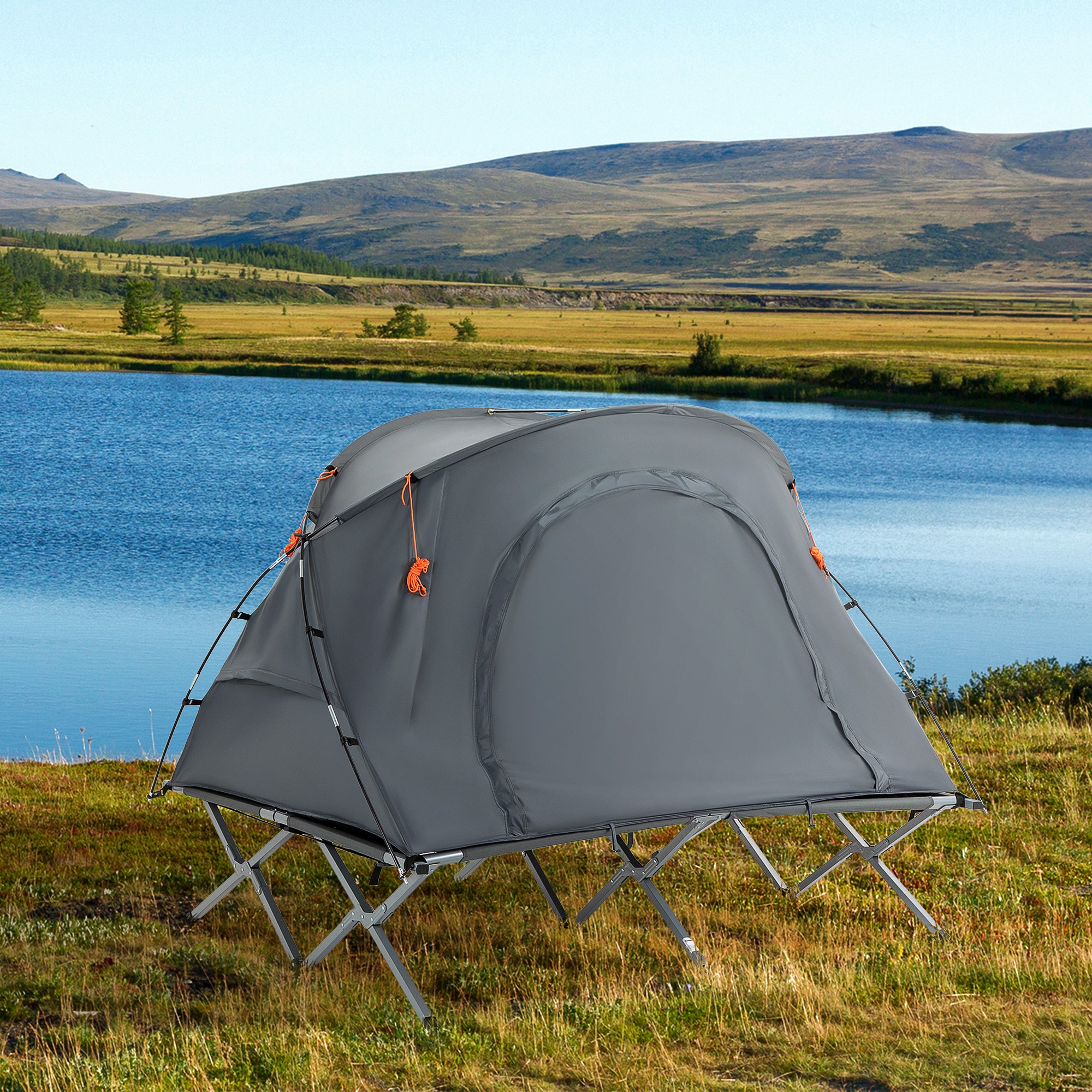 Camping Bed with Elevated Tent Double Cot with Air Mattress incl. Carry Bag Gray 200 x 146 x 159 cm