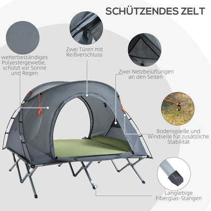Camping Bed with Elevated Tent Double Cot with Air Mattress incl. Carry Bag Gray 200 x 146 x 159 cm